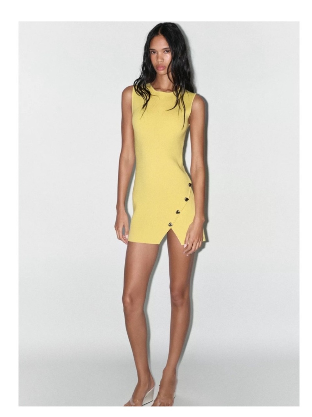 Zara Yellow Knit Mini Dress Sleeveless Button Detail NWT Size Small